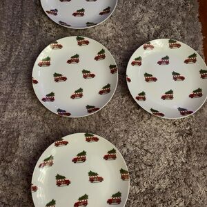 Pottery Barn Christmas plates and glasses. Set of 4 plates and 4 glasses.